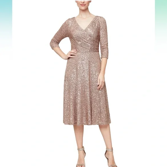 Alex Evenings | Dresses | Alex Evenings Womens 34 Sleeve Sequin Aline Party  Dress | Poshmark